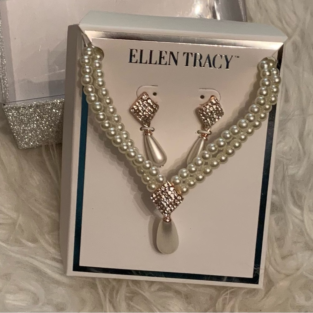 pearl & pavé rhinestone necklace & earring set by Ellen Tracy NEW!! rose gold
